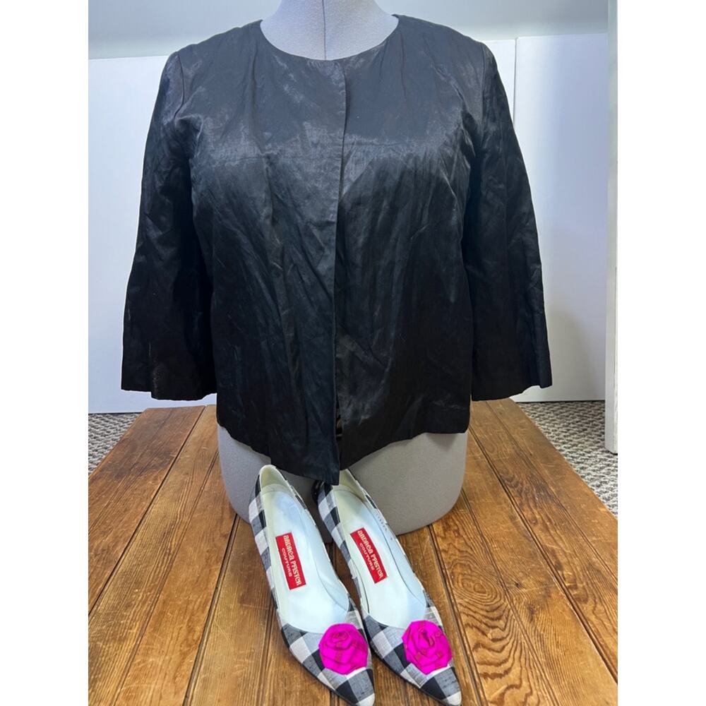 Eileen Fisher Black Open-Front Cropped Jacket Organic Cotton Satin Steel NWT